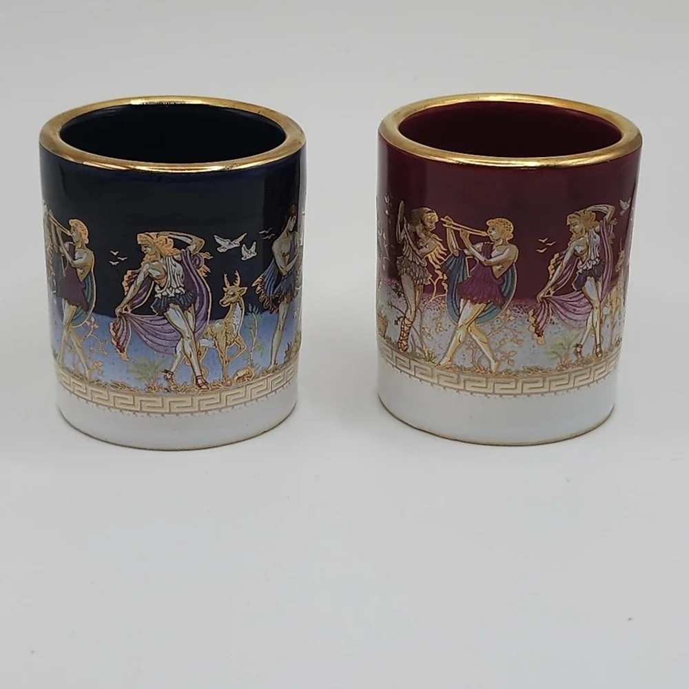 Vintage Greek Shot Glass Mythology Adis Artisan 24C Gold Detail Hand Crafted Art